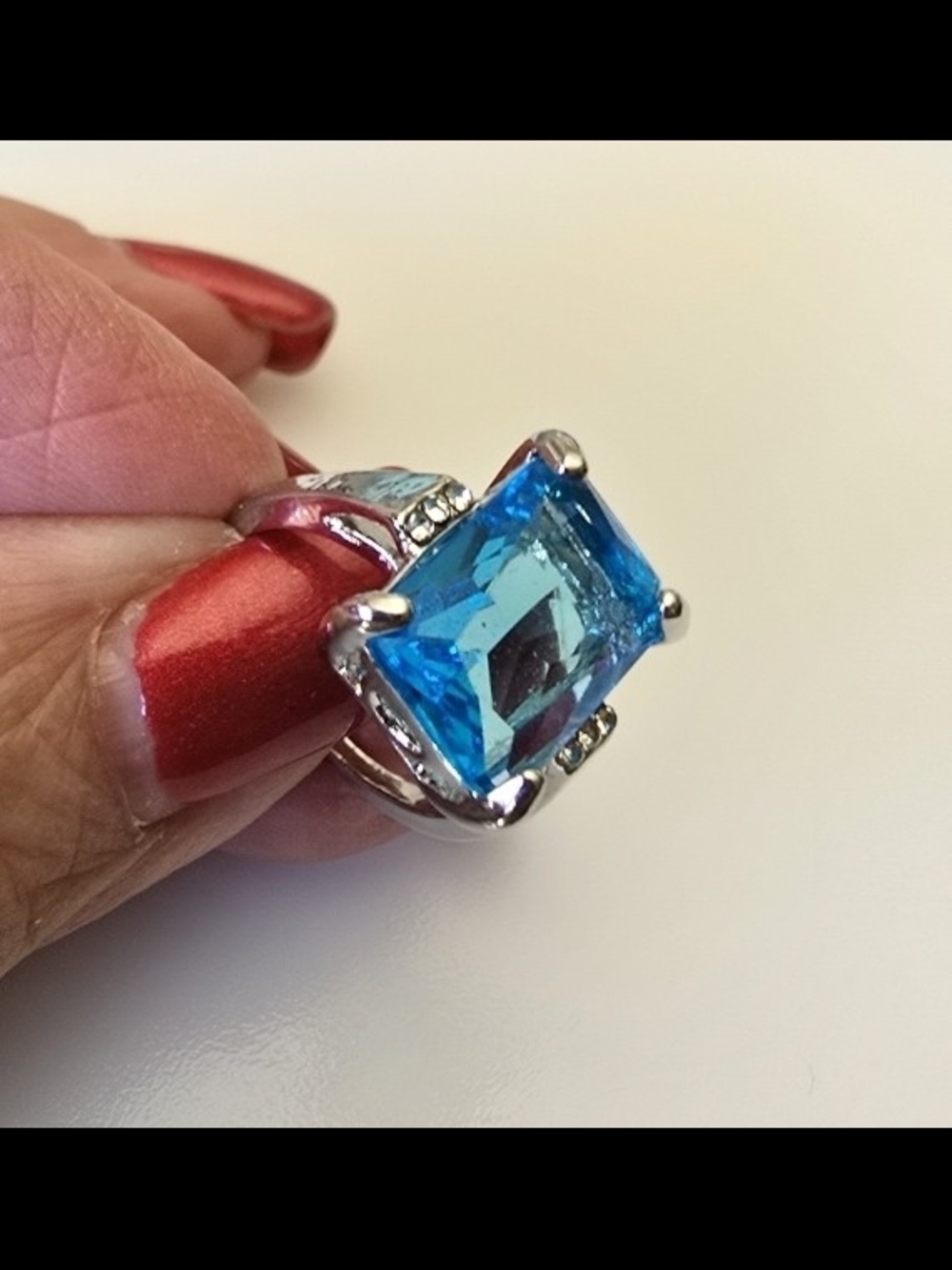 Blue Rectangular Gemstone Ring with Accent Crystals Size 7 8.5 Silver Blue * - Picture 5 of 9